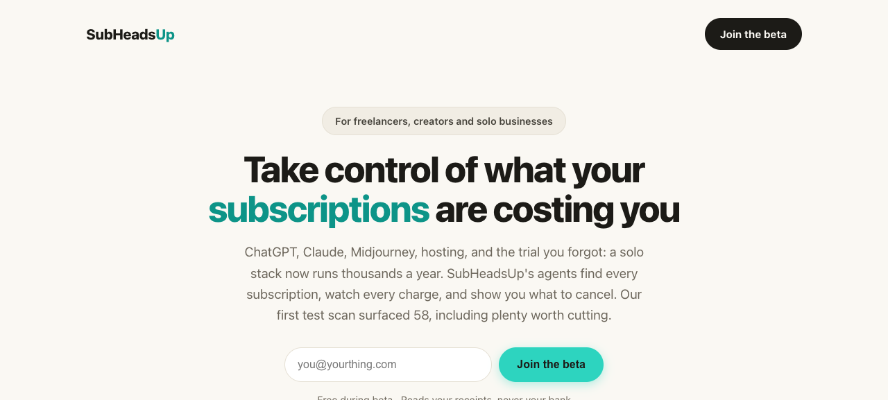 SubHeadsUp landing page